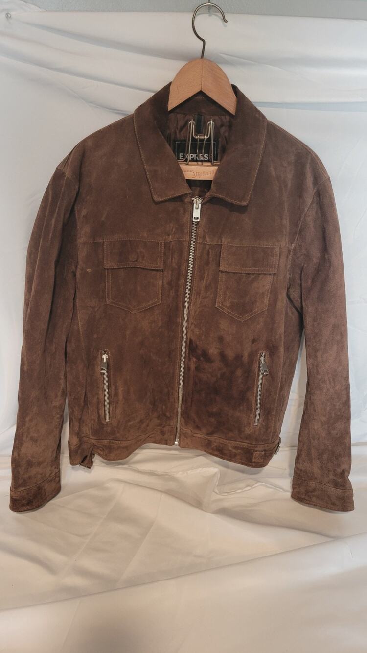 Express Men's XL Brown Suede Leather Jacket Full Zip Distressed Y2K